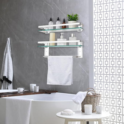 Suzile Set of 2 Glass Bathroom Shelves with Bar, Wall Mounted 15.7 x 4.7 Inches, Bathroom Shelves Hanging Modern Floating Shelf Metal Stick Room Rustproof Organizer Decorative(Silver)