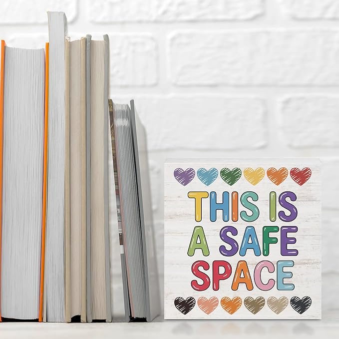 Therapy Office Decor Wood Box Sign,This Is a Safe Space Print Offices Wooden Box Office Desk Decorative Signs for Classroom Therapy Office, Boho Educational Gifts for School Counselor Psychologist