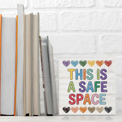 Therapy Office Decor Wood Box Sign,This Is a Safe Space Print Offices Wooden Box Office Desk Decorative Signs for Classroom Therapy Office, Boho Educational Gifts for School Counselor Psychologist