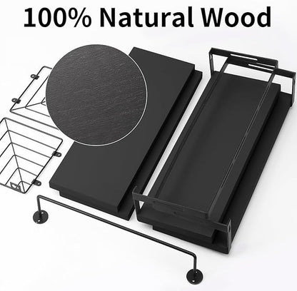 Fixwal 3+1 Tier Wall Mounted Bathroom Shelves Over Toilet, Rustic Wood Floating Shelves with Metal Frame and Towel Bar for Bathroom, Kitchen, Bedroom, Living Room (Black)