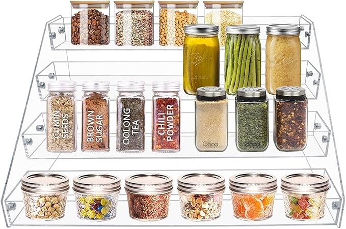 VAEHOLD Acrylic Spice Rack Organizer, 4 Tier Clear Vertical Rack for Cabinet & Countertop (4 Tier 12'L)