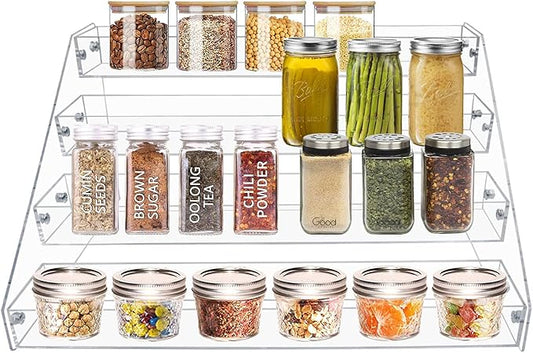 VAEHOLD Acrylic Spice Rack Organizer, 4 Tier Clear Vertical Rack for Cabinet & Countertop (4 Tier 12'L)