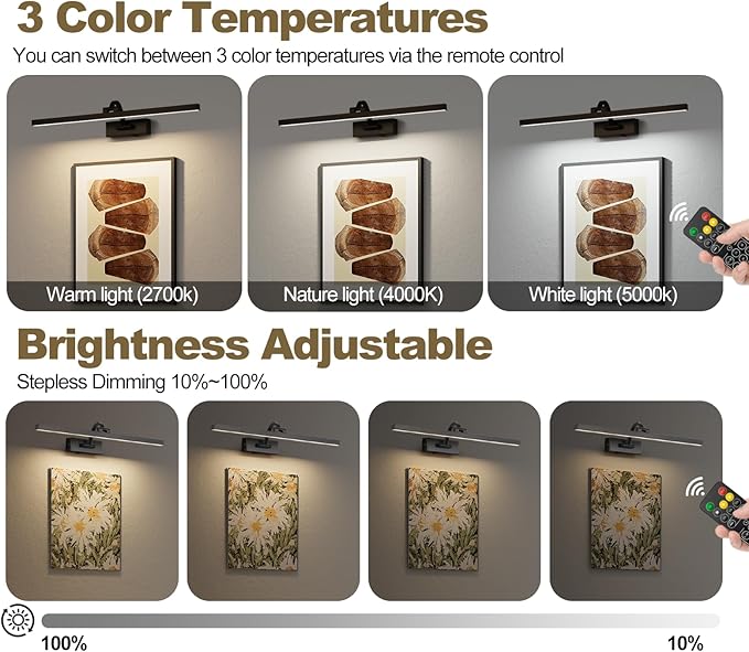 Wireless Picture Lights for Wall,23.5 Inch Black Art Light for Paintings,Battery Operated Picture Lights with Remote Control,Dimmable Rechargeable Art Lamps for Picture Frame,Gallery