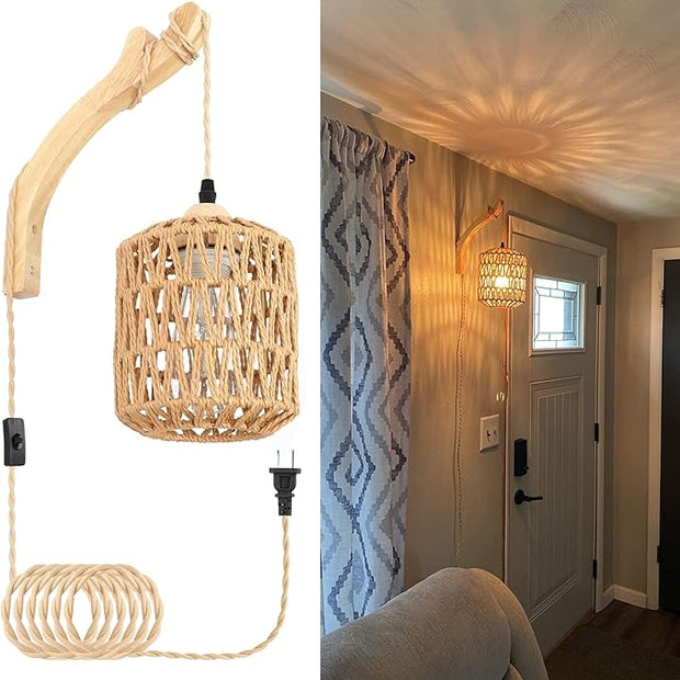 Frideko Rattan Wall Lamp with Plug in Cord Hand Woven Plug in Wall Sconces Paper Rope Wall Light Farmhouse Wall Sconce Wall Mounted Light Boho Wall Sconces Wall Lighting for Bedroom Living Room