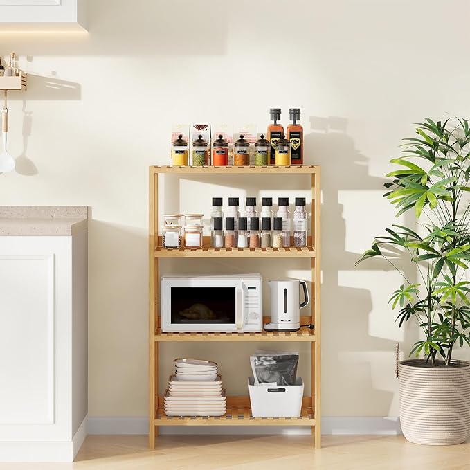 HOOBRO Bamboo Storage Shelf, 4-Tier Freestanding Shelving Unit, Multifunctional Storage Rack with Back Panel, 23.6 x 10.2 x 39.4 inches, for Bathroom, Living Room, Balcony, Kitchen, Natural YL95CJ01