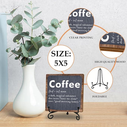Coffee Bar Decor Accessories, Wooden Sign With Iron Stand For Farmhouse Home Kitchen Table, Coffee Sign for Farmhouse Home Cafe Kitchen Office Bar Shelf Table, Gifts for women Family Friend Coworker