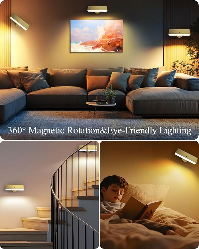 Battery Powered Wall Sconce Lights Set of Two: Gold Rechargeable Wall Lights with Remote, Wireless LED Wall Mounted Lights, 360° Rotation Magnetic Cordless Scone Lighting for Bedroom Living Room