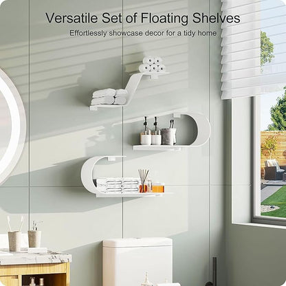 White Floating Shelves Set of 3, White Metal Decor, Unique Mounted Floating Shelf, Modern Long Wall Shelf, Large Wall Shelves for Bedroom, Bathroom, Living Room