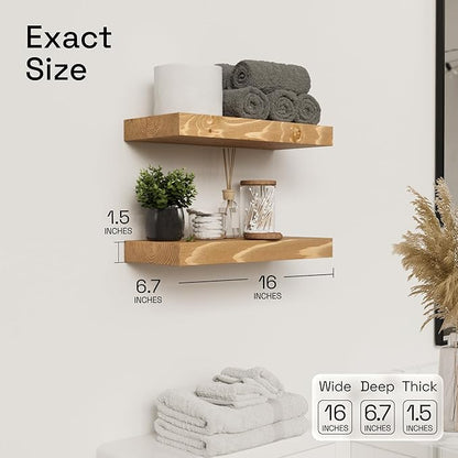 BAOBAB WORKSHOP Natural Wood Floating Shelves for Wall 16 inch - Floating Wall Shelves for Kitchen Bedroom - Wooden Bathroom Shelves - Floating Shelf - Oak Finish, 16" W x 6.7" D x 1.2”H