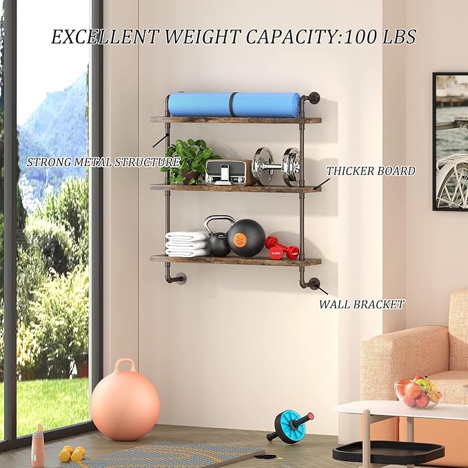 Industrial Pipe Shelf Wall Mounted, Rustic Wood Floating Shelves, 3 Tier Wall Display Bookshelf, Storage Rack Sundries Holder for Kitchen Office Bathroom Organization and Home Decor (24inch x 2)