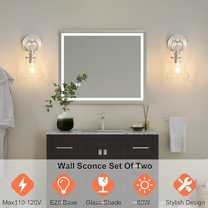 Wall Sconce for Bathroom Modern Vanity Light Fixtures Hardwired Wall Mount Lighting Lamp Farmhouse Wall Lights with 6" Clear Glass Shade for Bedroom Living Room, Brushed Nickel, 1 Pack