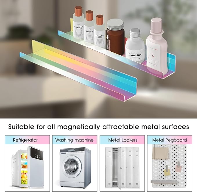 NiHome Magnetic Iridescent Acrylic Book Shelves 2-Pack, 17'' for Whiteboard, Classroom and Fridge Storage, Sleek Design for Large Picture Books and File Holders, Holds up to 8.5 lbs