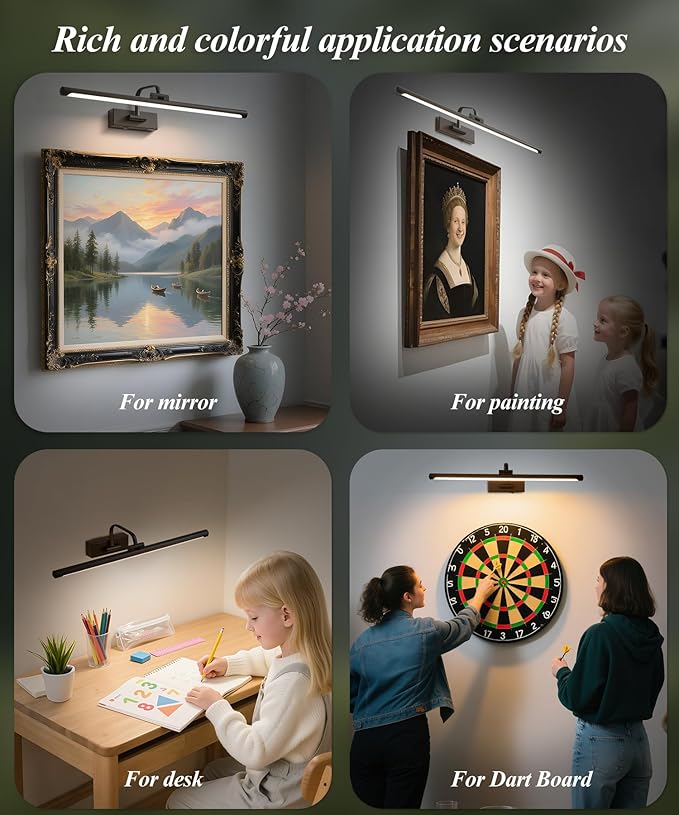 Picture Lights for Wall Battery Operated, Rechargeable Light for Pictures with Remote & Timer, Black Art Light for Paintings 24 Inch Wireless Dimmable Cordless Gallery Lights with 3 Color Temperatures