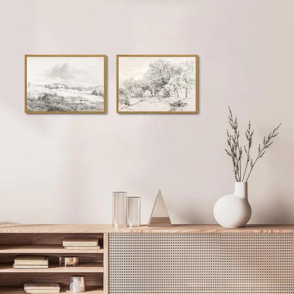 OIQArtOIQ Vintage Landscape Canvas Wall Art Framed Natural Scenery Painting Artwork Prints France Country Wilderness Farmhouse Decor Pictures Kitchen Bedroom Living Room Bathroom