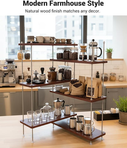 VINIUSIKI Adjustable 6 Tier L-Shaped Countertop Shelf Organizer, Kitchen Spice Rack for Countertop, Wood Coffee Counter Shelf Organizer for Home - 15.7"x15.7"x24.01" (LxWxH), Auburn