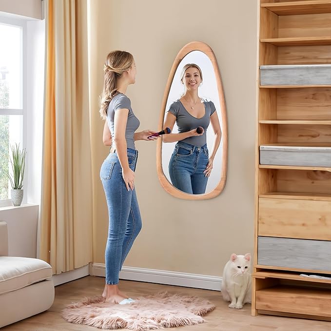 sawsile Irregular Full Length Mirror for Bathroom,Wood Asymmetrical Rustic 19x 42 inch Farmhouse Vanity Unique Decorative Large Full Body Mirror for Entryway,Bedroom,Living Room,Washroom