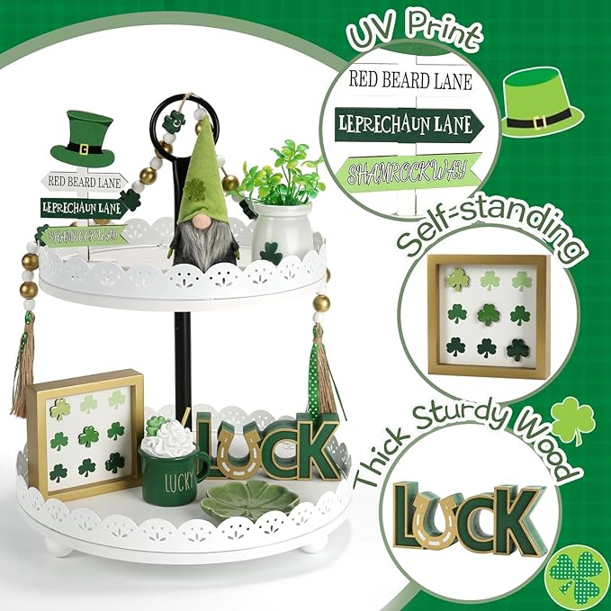 St Patrick's Day Decoration 8 PCS Tiered Tray Decor Set, Cute Tabletop Saint Patty's Day Décor for Home Shelf Mantel Fireplace Office Desk Coffee Bar Shamrock Sign Gnome Lucky Irish Tray Objects