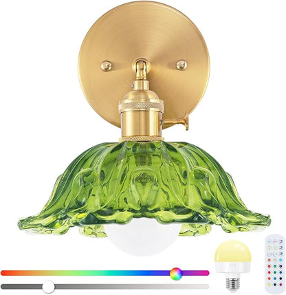 Vintage Wall Sconce, Battery Operated Wall Sconce with Green Glass Lampshade, Indoor not Hardwired Wall Sconces with Remote, Rechargeable RGB Vintage Wall Lamp, for Bedroom Living Room, etc