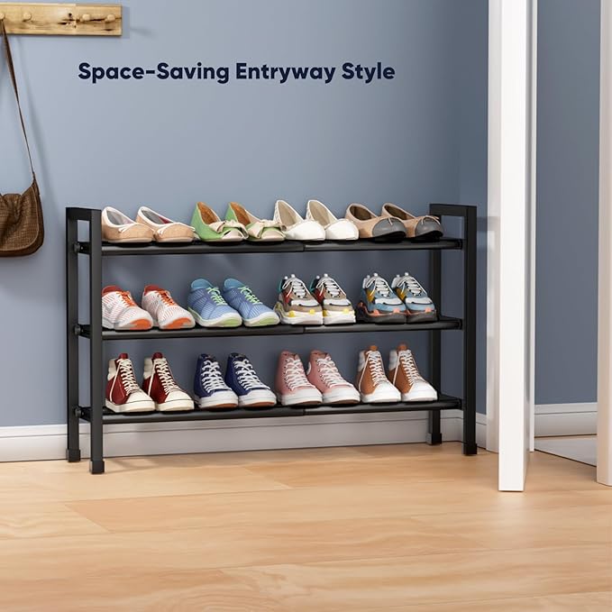 Abiglifty 3-Tier Expandable Shoe Rack,17"-33" Adjustable Shoe Rack for Closet,Metal Shoes Shelves for Front Door Entrance, Garage & Corridor, Free Standing Shoe Holders, Easy to Assemble,Black