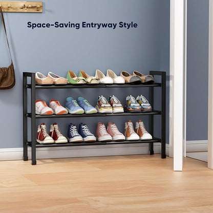 Abiglifty 3-Tier Expandable Shoe Rack,17"-33" Adjustable Shoe Rack for Closet,Metal Shoes Shelves for Front Door Entrance, Garage & Corridor, Free Standing Shoe Holders, Easy to Assemble,Black