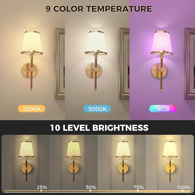 DORESshop Battery Operated Wall Sconce Set of 2, Wireless Wall Light Easy to Install, 7 Color Rechargeable Wall Sconces, Sconce Wall Decor Set of 2 for Bedroom, Living Room, Gold and Leather, 18.7in