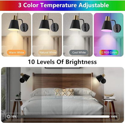Battery Operated Wall Sconce Set of 2,Rechargeable Wall Lights with Remote Control,Black Gold Modern Wall Sconces Dimmable,15 Colors,Wireless LED Wall Lamp for Bedroom Living Room Farmhouse Hallway