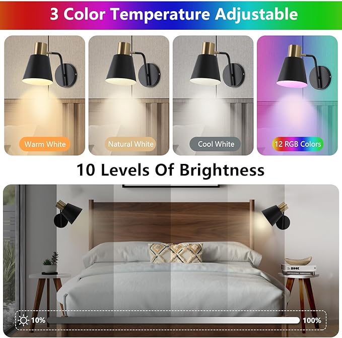 Battery Operated Wall Sconce Set of 2,Rechargeable Wall Lights with Remote Control,Black Gold Modern Wall Sconces Dimmable,15 Colors,Wireless LED Wall Lamp for Bedroom Living Room Farmhouse Hallway