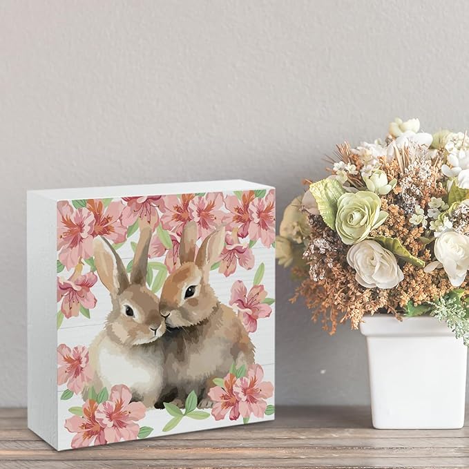 Wooden Bunny Rabbit Easter Decor Sign for Home Office Desk Table Mantle