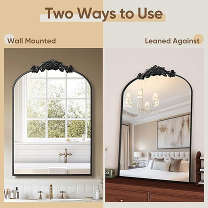 Vintage Wall Mirror, 24"x36" Arched Mirror for Vanity, Antique Decorative Mirrors with Carved Metal Frame for Bedroom, Living Room, Entryway, Fireplace, Hallway, Black