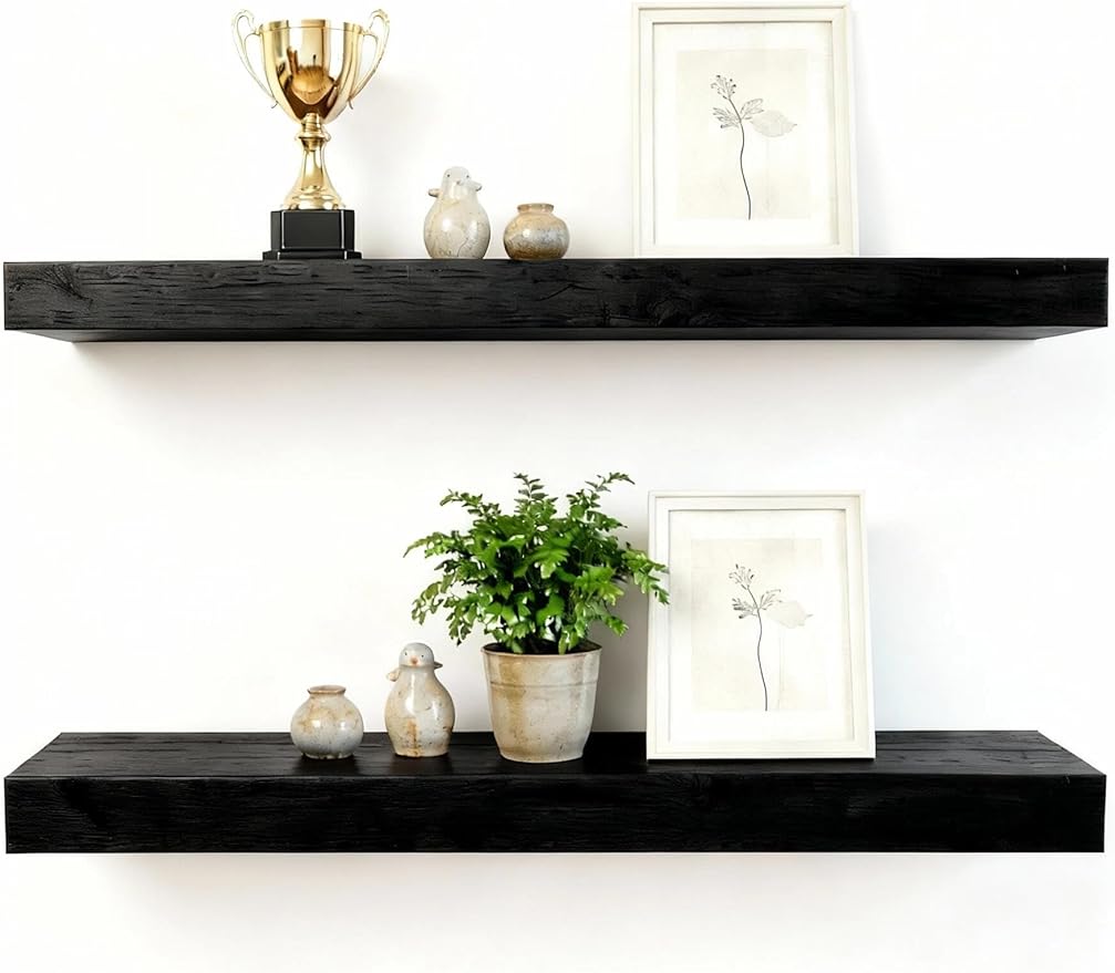 Solid Wood Floating Shelves,35.4in Finished Real Wood Wall Shelves with Heavy-Duty Hidden Bracket, Easy Installation, Set of 2, 35.4in x 7.1in x 1.5in, for Living Room Bedroom Kitchen,Black