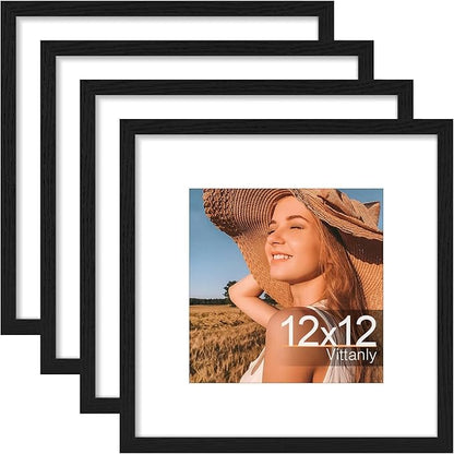 Vittanly 12x12 Picture Frames Set of 4, Display Pictures 8x8 with Mat or 12x12 without Mat, Gallery Wall Frame Set for Wall Mounting, Engineered Wood with Shatter Resistant Plexiglass, Black