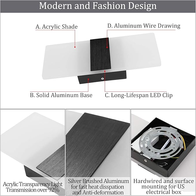 Lightess Modern Wall Sconce Dimmable Sconce Wall Lighting 12W Black Indoor Wall Lamp Acrylic Wall Mounted Lighting Fixture for Bedroom Living Room Hallway, Warm White