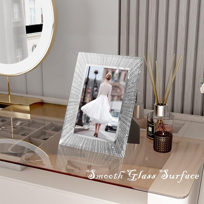 6x8 Picture Frame Glass 2 Pack, Sparkly Glitter Photo Frame 6 x 8 Mirror Crystal Wedding Gift Wall and Tabletop Display