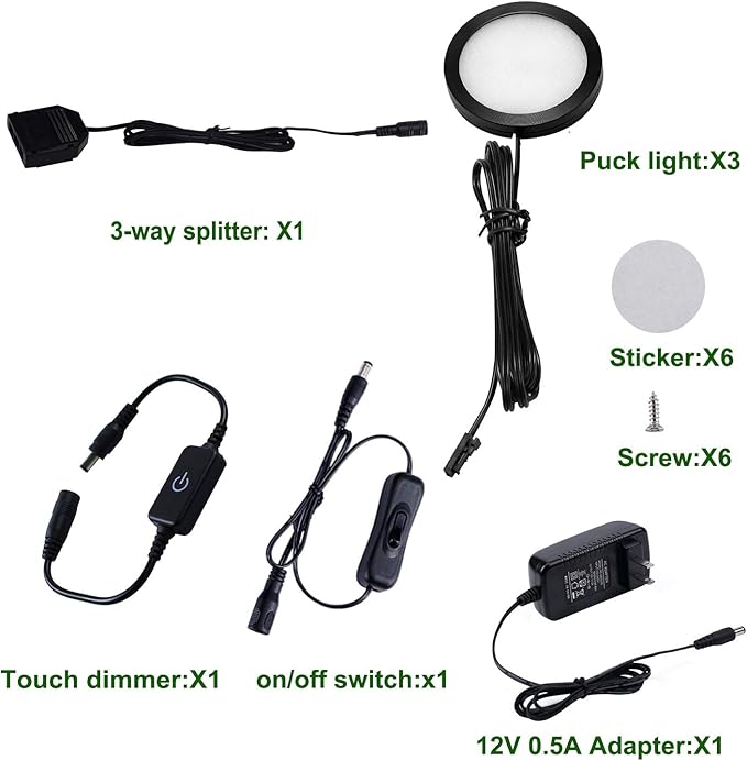 AIBOO Under Cabinet LED Black Cover Puck Lighting Kit with Touch Dimmer Switch for Kitchen Cupboard Closet Lighting (3 Lights,Warm White)