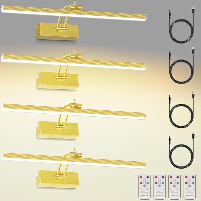 4Pack Rechargeable Picture Light, 5200mAh Brass Battery Operated Picture Lights for Wall with Remote Control, 300LM 3000K Warm White Light 16" Metal Dimmable Picture Light for Painting & Artwork