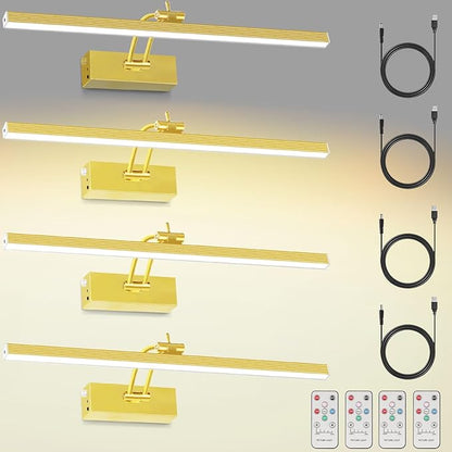 4Pack Rechargeable Picture Light, 5200mAh Brass Battery Operated Picture Lights for Wall with Remote Control, 300LM 3000K Warm White Light 16" Metal Dimmable Picture Light for Painting & Artwork