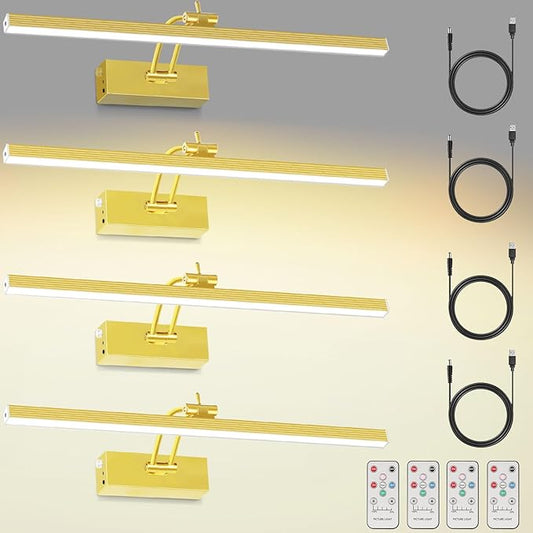 4Pack Rechargeable Picture Light, 5200mAh Brass Battery Operated Picture Lights for Wall with Remote Control, 300LM 3000K Warm White Light 16" Metal Dimmable Picture Light for Painting & Artwork