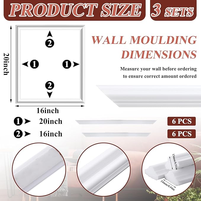 3 Set Accent Wall Molding Kit Premade Wainscoting Panels Wall Molding Peel and Stick Panel White Pre Cut Trim for Walls Picture Frame Molding for Home Decoration(16 x 20 Inch)
