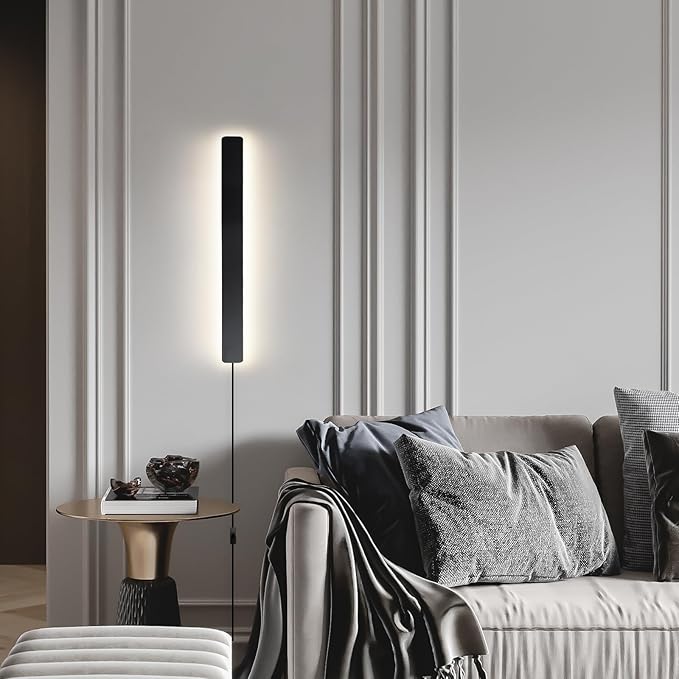 Modern Plug in Wall Sconces, 23.6 inch Frosted Black LED Long Wall Lights, 12W Warm White 3000K Acrylic Indoor Wall lamp,with 59