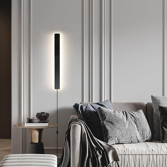 Modern Plug in Wall Sconces, 23.6 inch Frosted Black LED Long Wall Lights, 12W Warm White 3000K Acrylic Indoor Wall lamp,with 59" Plug Cable for Bedroom, Living Room, Bathroom Makeup, Hallway