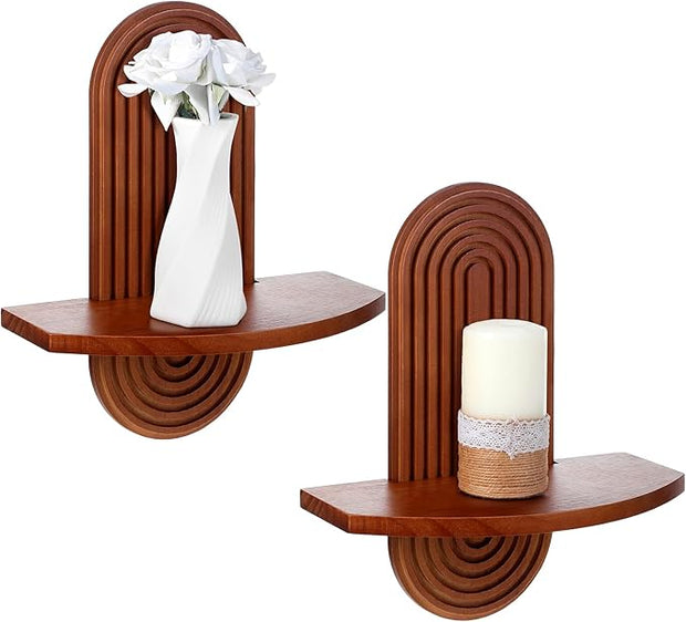 Suzile 2 Pcs Arched Boho Wooden Wall Shelves Mid Century Shelves Walnut Holders Hanging Wood Wall Mount Rainbow Shelf Rustic Floating Shelf with 2 Hook for Plant Book Bedroom Bathroom Nursery