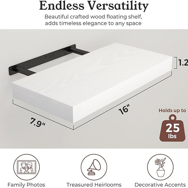 Floating Shelves for Wall, 7.9" Deep Wall Mounted Wood Shelves for Bathroom, Bedroom, Living Room, Kitchen, Hanging Shelf for Books/Storage/Room Decor (White, 16")