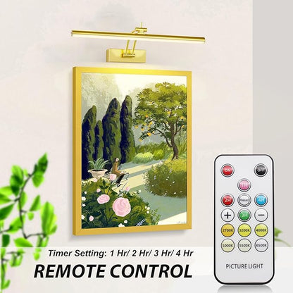 2 Pack Picture Light Battery Operated for Wall, 16" Wireless Art Lighting for Painting, 6 Colors Picture Frame Lights with Remote, Dimmable 5200mAh Gallery Light, Gold