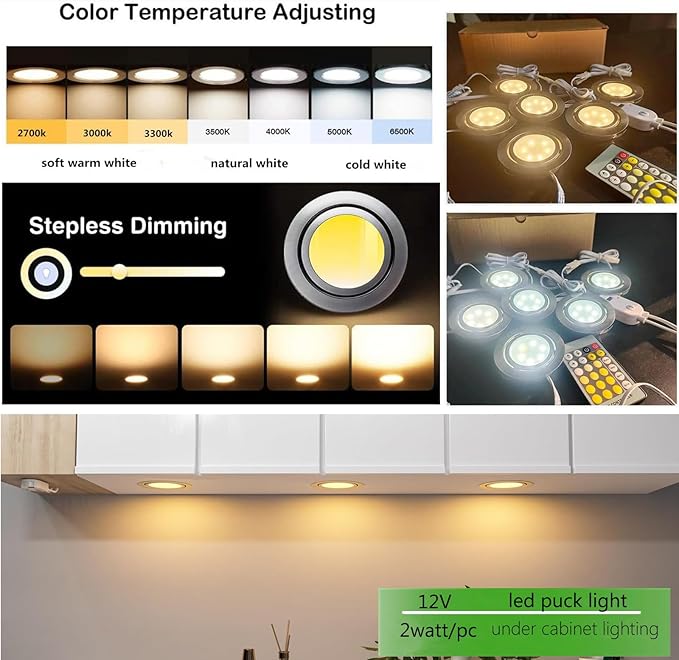 Smart Puck Lights 2700-6500k Tunable Under Cabinet Lighting with Alexa,Google Home,App & Remote Control, LED Puck Light Dimmable for Kitchen,Shelf,Workbench,RV Ceiling,Recess Mount,12V,2W/pc,3pcs