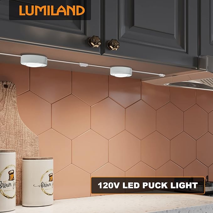 LUMILAND Wired LED Puck Lights 120V (2.7Wx5) Plug-in Lighting Warm White, LED Cabinet Light for Kitchen Can Be Surface Mount or Recess Mount, White
