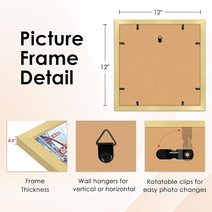 FIXSMITH 12x12 Picture Frame Gold Set of 4, Photo Frame with HD Plexiglass, Display Pictures 8x8 with Mat or 12x12 Without Mat, Natural Picture Frames Collage Wall Decor, Gallary Wall Frame