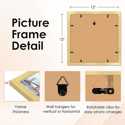 FIXSMITH 12x12 Picture Frame Gold Set of 4, Photo Frame with HD Plexiglass, Display Pictures 8x8 with Mat or 12x12 Without Mat, Natural Picture Frames Collage Wall Decor, Gallary Wall Frame