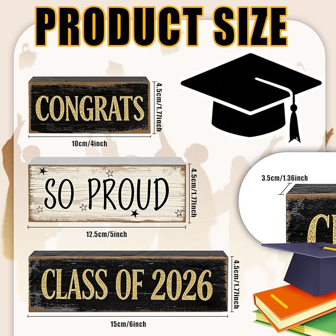 2026 Graduation Table Decorations Class of 2026 Senior Tiered Tray Decor Wooden Cap Block Signs Farmhouse Congrats Grad Tabletop Party Centerpiece for Tables Wooden Sign for Home Decor