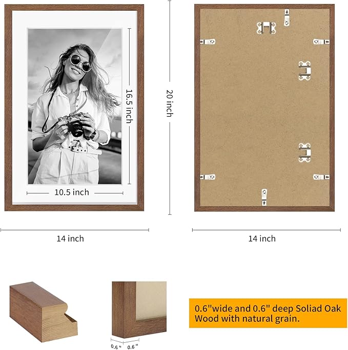 puthiac 13x19 Solid Oak Wood Picture Frame, Fits 11x17 with Mat or 13x19 Without Mat, Wall Display Only, Vertical or Horizontal, Plexi Front, 3 Pack, Walnut