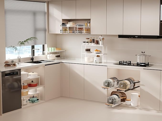 Expandable Cabinet Shelf Organizer, 2 Pack Stackable Kitchen Counter Shelf Riser, Metal Spice Rack Adjustable Heavy Duty Countertop Organizer Storage for Kitchen, Pantry, Cupboard, Rv (White)